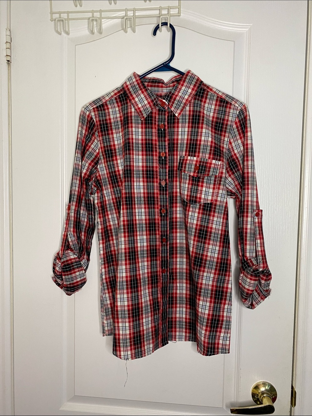 Men's Red Plaid Button-Down Shirt with Chest Pocket